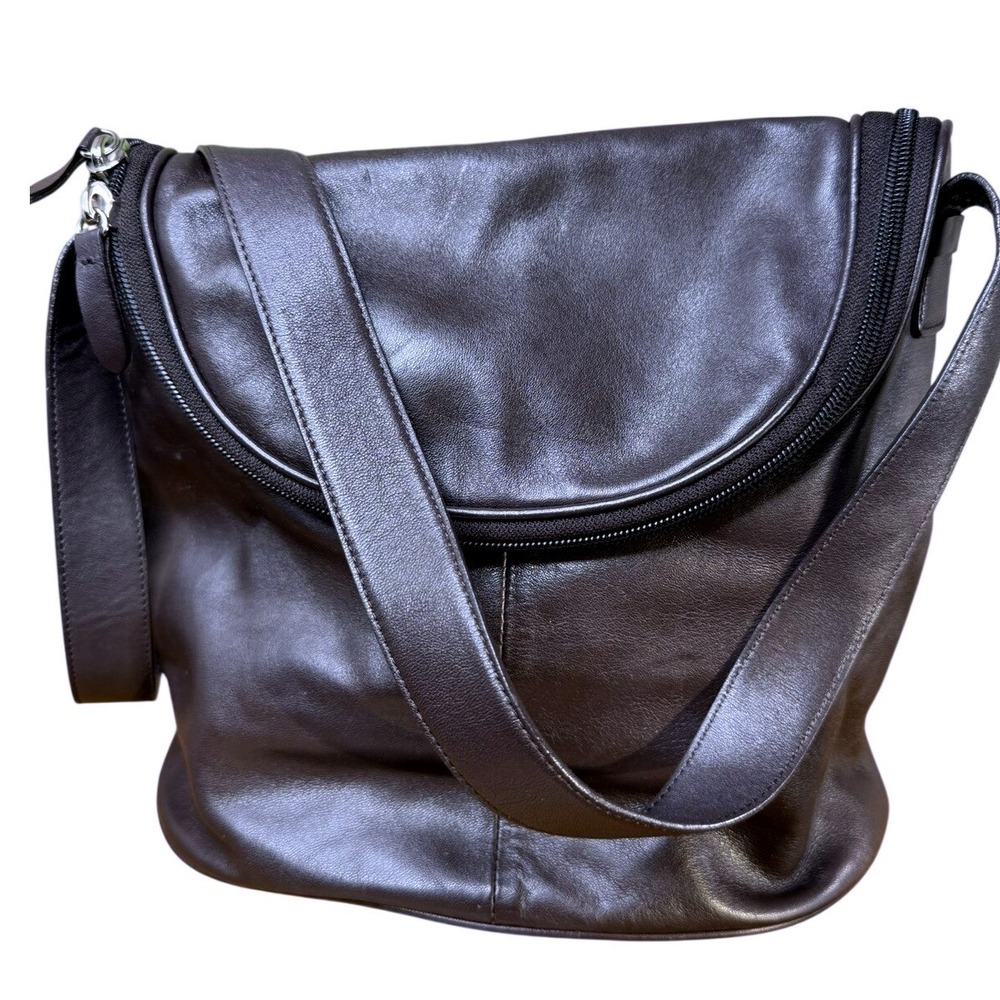 MAXX New York Dark Brown Leather Crossbody Bag Organizer Plaid‎ Lining Messenger